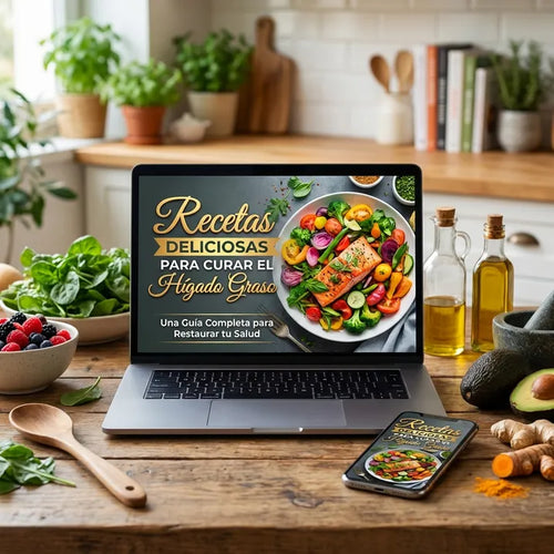 Portada de la guía digital de recetas para hígado graso mostrada en tablet y celular
